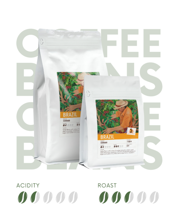 Freshly roasted Brazil Cerrado coffee beans with low acidity