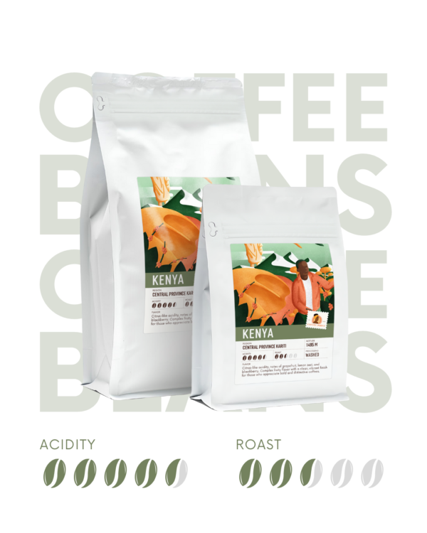 Kenya Arabica coffee beans close up with bright acidity and fruity notes