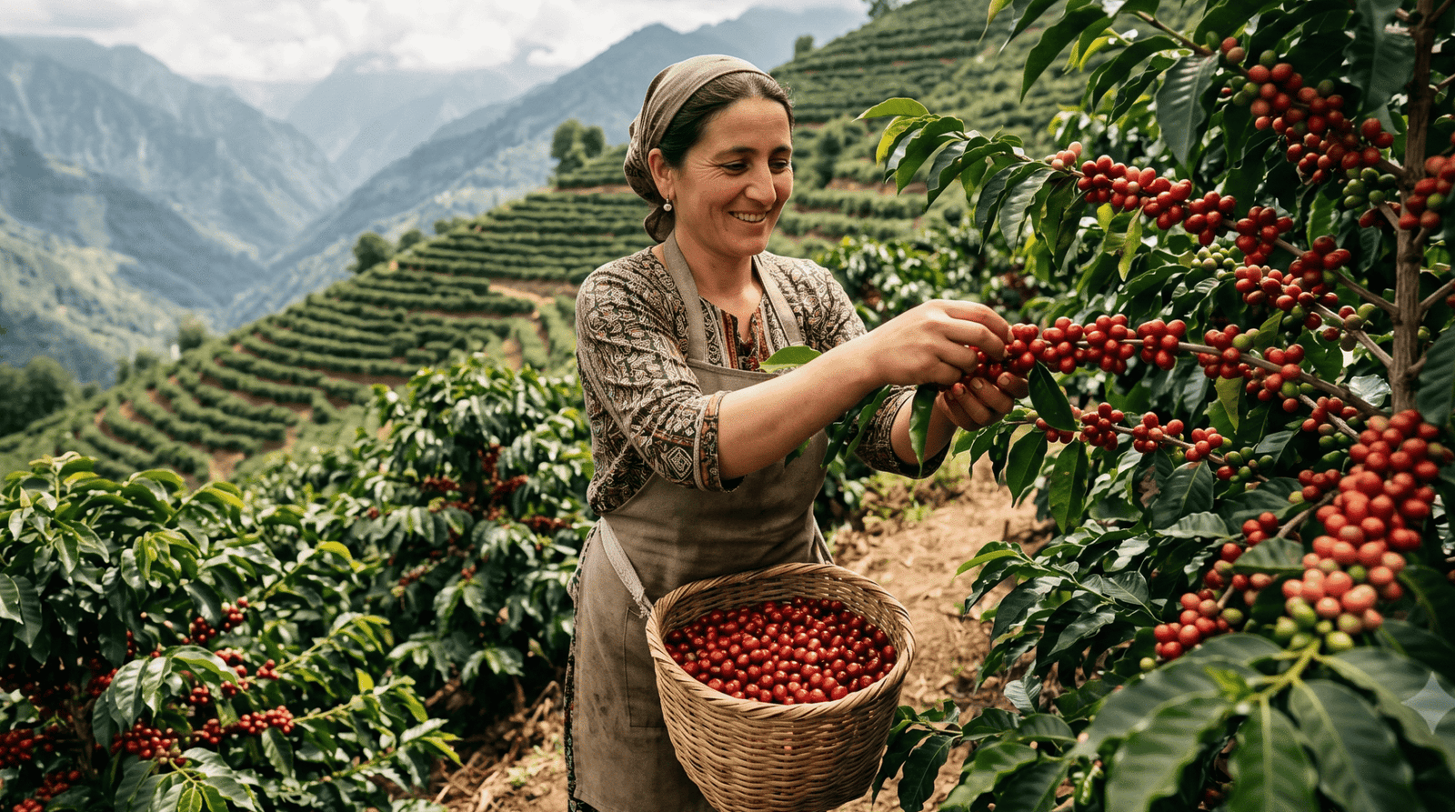 specialty coffee harvesting ripe coffee cherries