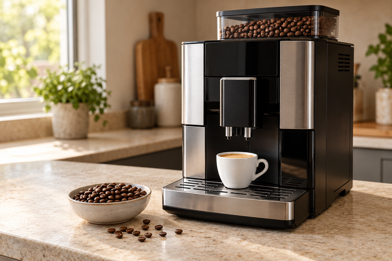 Best coffee beans for automatic coffee machines beside a bean-to-cup machine and espresso